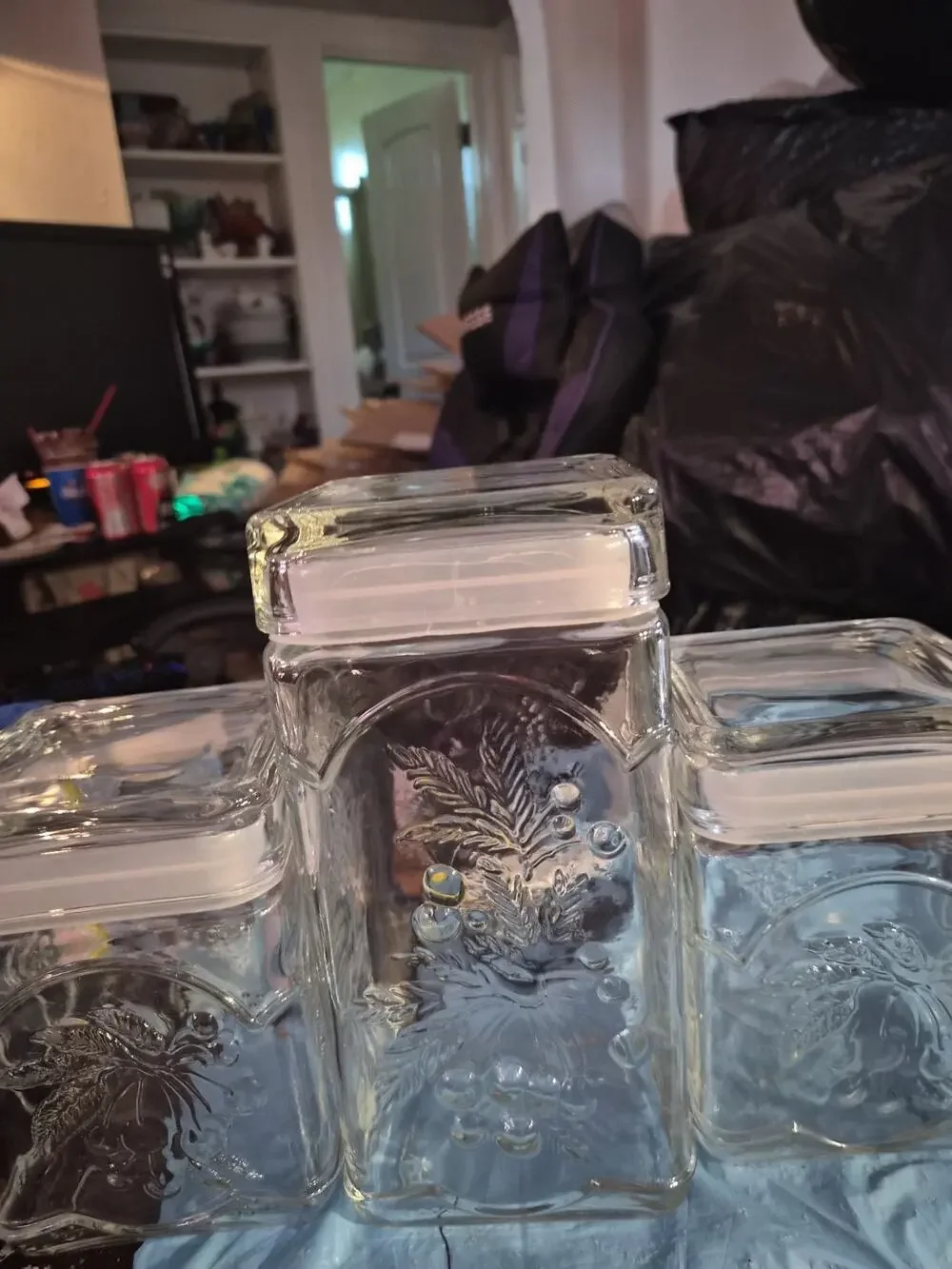 Vintage Libby Embossed Glass Set Of 3 Fruit Cannister Has A Clear Square Body...
